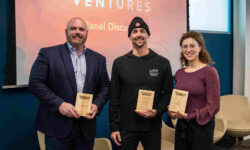 Homegrown Ventures Conference With Speakers Gus Minor, Dylan Lloyd, And Hilary Deverell Holding Plaques