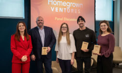 Homegrown Ventures Conference With Speakers Gus Minor, Dylan Lloyd, Hilary Deverell Holding Plaques With MCs Melissa Deschenes And Heather Dufour