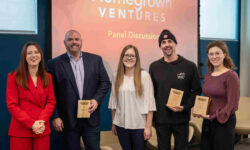 Homegrown Ventures Conference With Speakers Gus Minor, Dylan Lloyd, Hilary Deverell Holding Plaques With MCs Melissa Deschenes And Heather Dufour